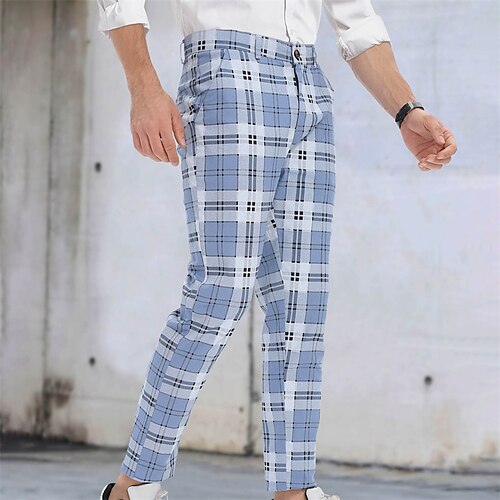 

Men's Sweatpants Trousers Jogger Pants Plaid Dress Pants Chino Pants Pocket Straight Leg Plaid Comfort Breathable Business Casual Daily Sports Fashion White & Blue Micro-elastic