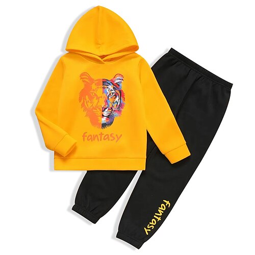 

2 Pieces Kids Boys Hoodie & Pants HoodieSet Clothing Set Outfit Animal Letter Tiger Long Sleeve Print Set Outdoor Sports Fashion Cool Fall Spring 3-12 Years Yellow
