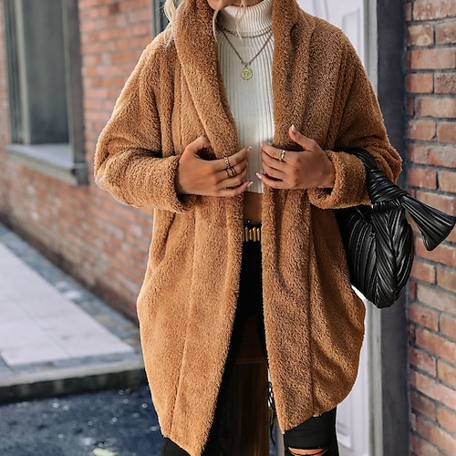 

Women's Teddy Coat Warm Breathable Street Holiday Vacation Weekend Pocket Cardigan Turndown Modern Comfortable Street Style Solid Color Regular Fit Outerwear Long Sleeve Winter Fall Coffee S M L XL