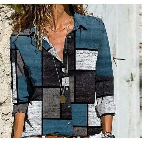 

Women's Blouse Color Block Daily Weekend Blouse Shirt Long Sleeve Print Shirt Collar Casual Streetwear Blue S