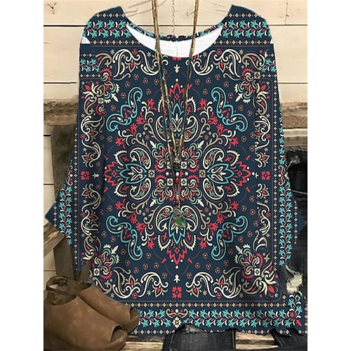 

Women's Plus Size Tops Blouse Shirt Floral Print Long Sleeve Round Neck Casual Daily Vacation Polyester Fall Winter Dark Blue Red