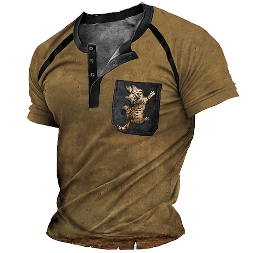 

Men's Henley Shirt Tee T shirt Tee 3D Print Cat Graphic Plus Size Henley Daily Sports Button-Down Print Short Sleeve Tops Designer Basic Casual Classic Brown / Summer