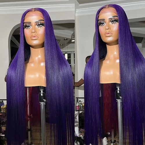 

Remy Human Hair 13x4 Lace Front Wig Free Part Layered Haircut Brazilian Hair Straight Purple Wig 130% 150% Density with Baby Hair Natural Hairline 100% Virgin With Bleached Knots Pre-Plucked For