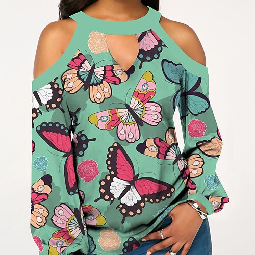 

Women's Blouse Graphic Casual Weekend Blouse Long Sleeve Cold Shoulder Print V Neck Basic Green Blue Purple S / 3D Print