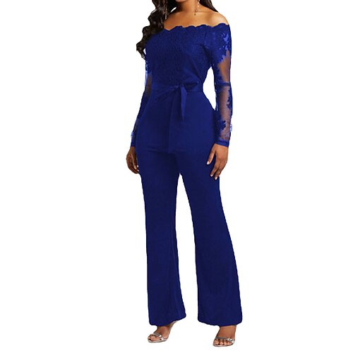 

Women's Jumpsuit Lace Patchwork Solid Color Off Shoulder Elegant Party Vacation Regular Fit Long Sleeve Blue M L XL Fall