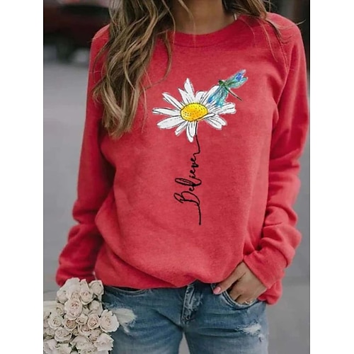 

Dame Sweatshirt bluse Gade Afslappet Trykt mønster Rød Blå Kakifarvet Blomst Løstsiddende Daglig Rund hals Langærmet