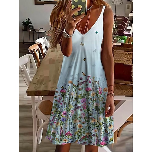 

Women's A Line Sweater Dress Casual Sweater Dress Knee Length Sweater Dress Purple Pink Light Green Light gray Light Blue Sleeveless Floral Print Spring Summer Spaghetti Strap Stylish Casual 2022 S M