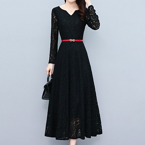 

Women's Lace Dress Black Dress Midi Dress Black Long Sleeve Pure Color Lace Winter Fall V Neck Mature Winter Dress Fall Dress 2022 M L XL XXL 3XL 4XL 5XL