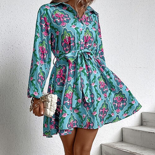 

Women's Shirt Dress A Line Dress Short Mini Dress Green Long Sleeve Floral Lace up Button Print Fall Winter Shirt Collar Casual Vacation Loose 2022 S M L XL