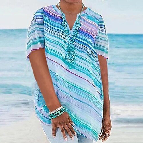 

Women's Plus Size Tops T shirt Tee Striped Print Half Sleeve V Neck Streetwear Daily Going out Polyester Spring Summer Blue