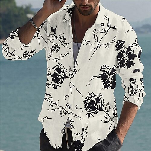 

Men's Shirt Rose Turndown Beige Long Sleeve 3D Print Outdoor Street Button-Down Print Tops Fashion Designer Casual Breathable