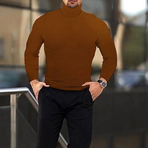 

Men's T shirt Tee Turtleneck shirt Holiday Rolled collar Stand Collar Brown Street Holiday Long Sleeve Clothing Apparel Fashion Casual Comfortable Essential