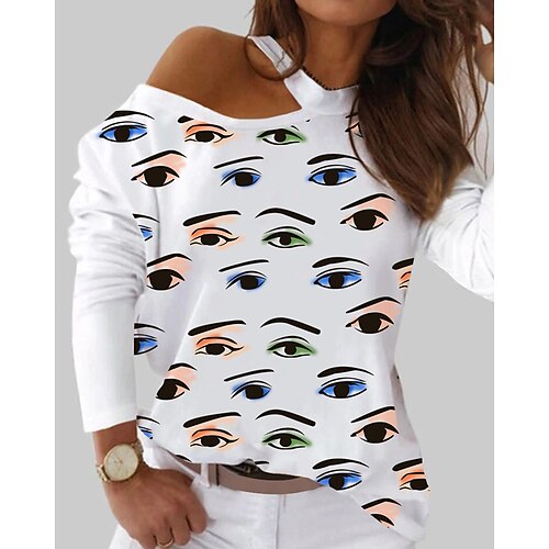 

Women's Shirt White Eye Cut Out Print Long Sleeve Daily Weekend Streetwear Casual One Shoulder Regular S / 3D Print