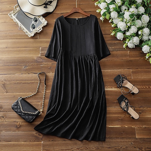

Women's A Line Dress Swing Dress Midi Dress Black Half Sleeve Pure Color Ruched Fall Winter Round Neck Casual Classic Loose 2022 S M L XL XXL / Casual Dress