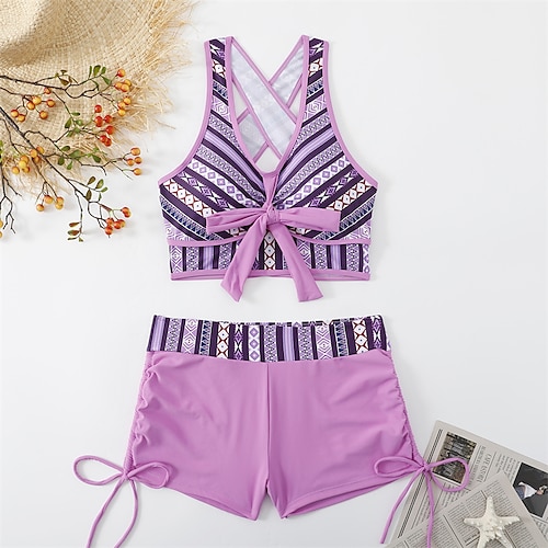

Women's Swimwear Bikini 2 Piece Normal Swimsuit Backless Printing High Waisted Geometic Blue Purple V Wire Bathing Suits New Vacation Sexy / Modern