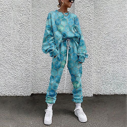 

Women's Sweatshirt Tracksuit Pants Sets Active Streetwear Blue Pink Sports Outdoor Casual Geometric Color Block Drawstring Print Crew Neck S M L XL XXL