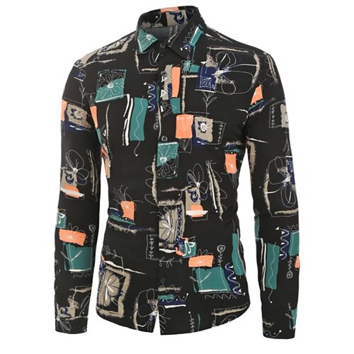

Men's Shirt 3D Print Color Block Turndown Street Casual Button-Down Print Long Sleeve Tops Casual Vintage Retro Breathable Black