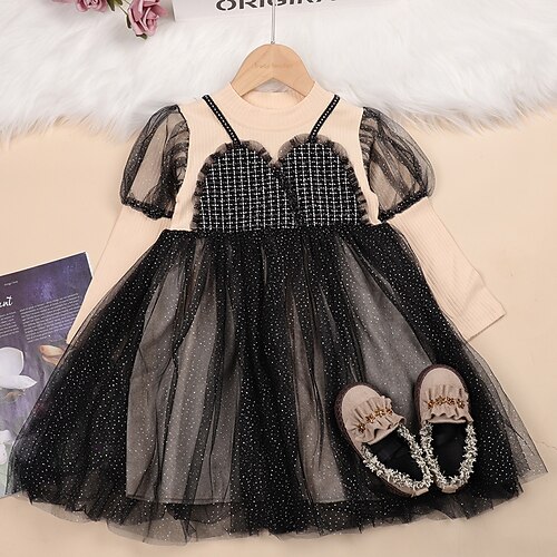

Kids Toddler Little Girls' Dress Plain Party Performance Ruched Mesh Patchwork Black Brown Knee-length Long Sleeve Beautiful Cute Dresses Spring Regular Fit 1pcs 2-8 Years