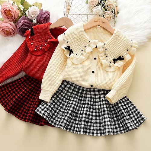 

2 Pieces Kids Girls' SkirtSet Clothing Set Outfit Plaid Long Sleeve Ruffle Set Fashion Cute Winter Fall 2-6 Years Red White