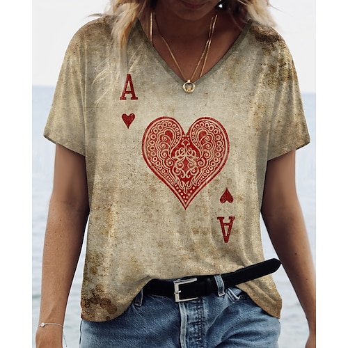 

Women's T shirt Tee Graphic Patterned Heart Daily Weekend Painting T shirt Tee Short Sleeve Print V Neck Basic Essential Vintage Brown S / 3D Print