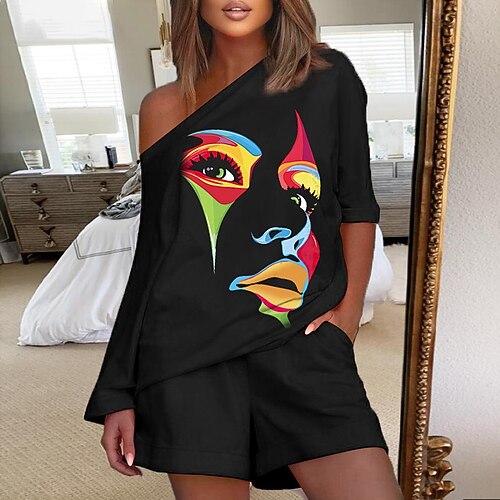 

Women's Loungewear Sets Nighty 2 Pieces Graphic Prints Fashion Simple Home Street Daily Polyester Breathable Gift One Shoulder Long Sleeve Elastic Waist Winter Fall Black