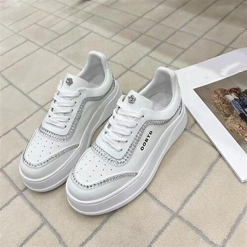 

Women's Sneakers Outdoor Daily Height Increasing Shoes Platform Sneakers White Shoes Rhinestone Flat Heel Round Toe Casual Sweet Walking Shoes Cowhide Lace-up Solid Colored Green Black Purple