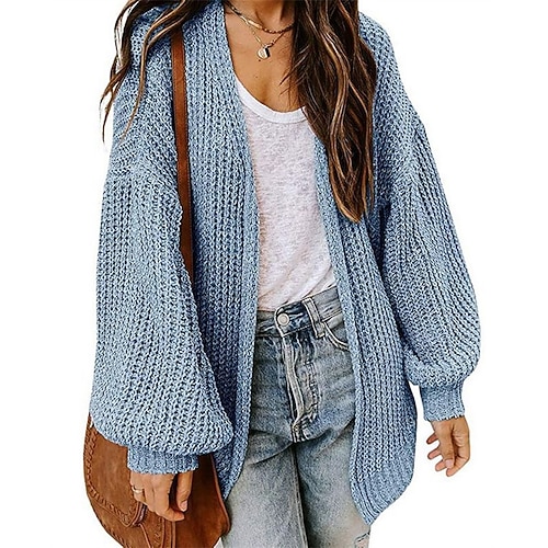 

2021 new aliexpress foreign trade women's knitted cardigan loose solid color lantern sleeve mid-length sweater coat