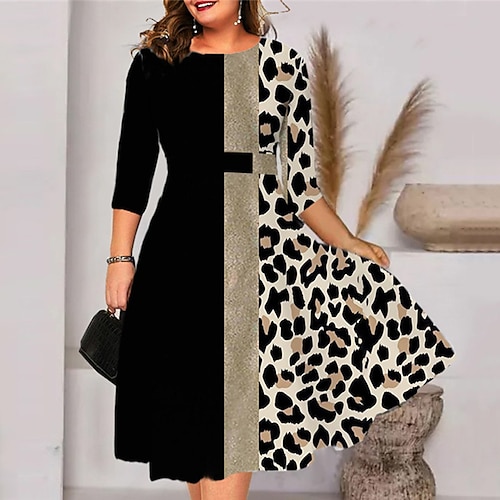 

Women's Plus Size A Line Dress Color Block Crew Neck Print 3/4 Length Sleeve Fall Winter Elegant Casual Midi Dress Daily Vacation Dress / 3D Print