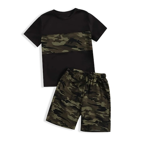 

Kids Boys T-shirt Shorts Clothing Set 2 Pieces Short Sleeve Black Camo Camouflage Crewneck Print Street Sports Vacation Fashion Comfort Cool Daily 3-13 Years