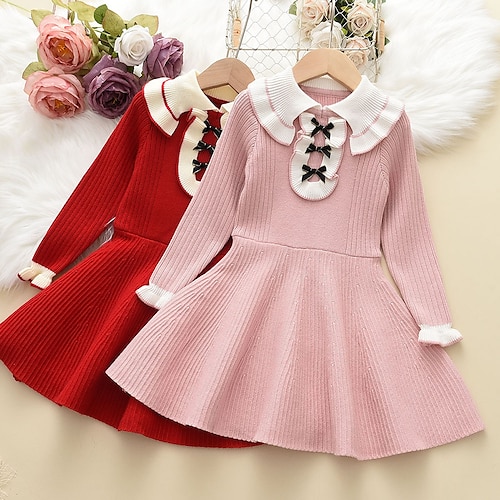 

Kids Toddler Little Girls' Dress Plain Sweater Jumper Dress Daily Ruffle Patchwork Bow Pink Red Long Sleeve Cute Dresses Fall Winter Regular Fit 1pcs 3-10 Years