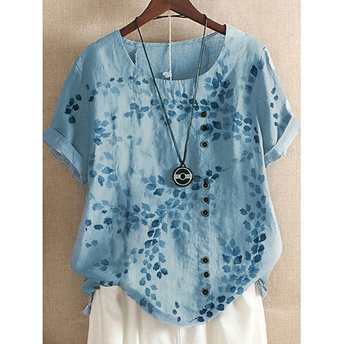 

Women's Plus Size Tops Blouse Shirt Leaf Short Sleeve Crew Neck Vintage Casual Holiday Daily Vacation Linen Spring Summer Light Yellow Sky Blue