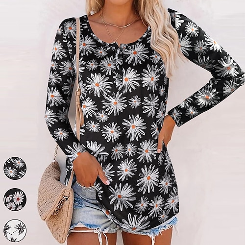 

Women's T shirt Tee Flower Casual Weekend T shirt Tee Long Sleeve Print Round Neck Basic White Black Orange S / 3D Print