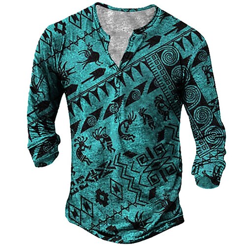 

Men's T shirt Tee Henley Shirt Tee Graphic Henley Blue Long Sleeve 3D Print Plus Size Outdoor Daily Button-Down Print Tops Basic Designer Classic Comfortable / Sports