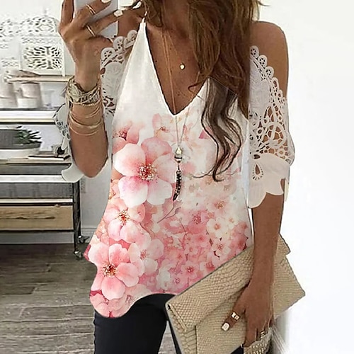 

Women's T shirt Tee Floral Casual Holiday Weekend Floral Painting T shirt Tee Half Sleeve Lace Patchwork Cold Shoulder V Neck Basic Pink S / 3D Print