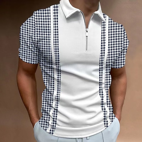 

Men's Collar Polo Shirt Golf Shirt Graphic Houndstooth Turndown White 3D Print Outdoor Street Short Sleeves Zipper Print Clothing Apparel Fashion Casual Classic Breathable / Summer / Spring / Summer