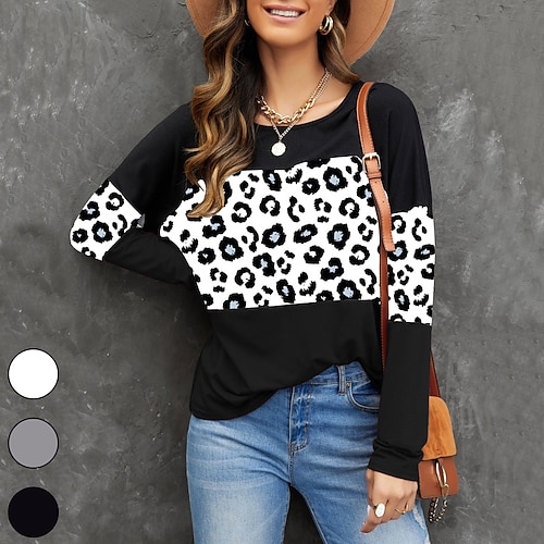 

Women's T shirt Tee Color Block Leopard Casual Weekend T shirt Tee Long Sleeve Patchwork Print Round Neck Basic White Black Gray S
