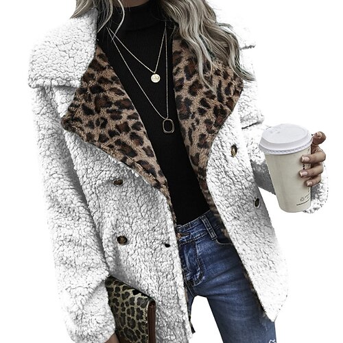 

Women's Teddy Coat Warm Comfortable Outdoor Daily Wear Vacation Going out Patchwork Pocket Single Breasted Turndown Active Vintage Casual Street Style Leopard Regular Fit Outerwear Long Sleeve Winter