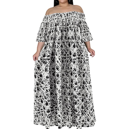 

Women's Plus Size Casual Dress Floral Off Shoulder Ruched Long Sleeve Fall Spring Casual Maxi long Dress Holiday Vacation Dress / Print