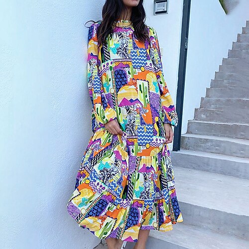 

Women's Swing Dress Casual Dress Maxi long Dress Orange Long Sleeve Print Print Fall Winter Crew Neck Stylish Casual Boho Loose 2022 S M L XL XXL 3XL