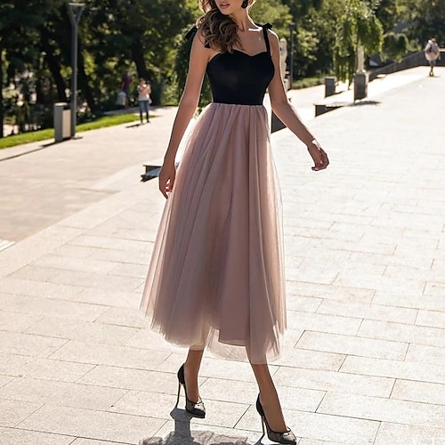 

A-Line Cocktail Dresses Color Block Dress Homecoming Tea Length Sleeveless Sweetheart Neckline Tulle with Bow(s) Splicing 2022