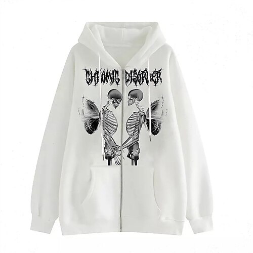 

Women's Casual Jacket Windproof Warm Outdoor Athleisure Vacation Going out Zipper Pocket Full Zip Print Zipper Hoodie Street Style Letter Regular Fit Outerwear Long Sleeve Winter Fall Black And White