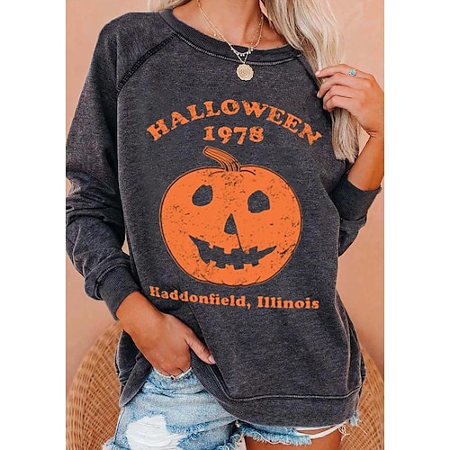 

Women's Sweatshirt Pullover Crew Neck Pumpkin Text Print Halloween Weekend Hot Stamping Active Streetwear Clothing Apparel Hoodies Sweatshirts Dark Gray