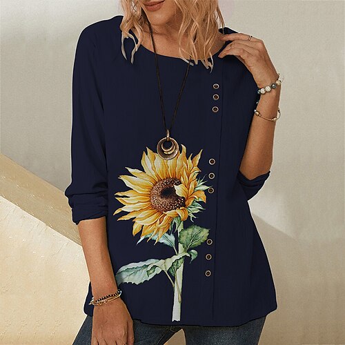 

Women's T shirt Tee Sunflower Holiday Weekend Floral Painting T shirt Tee Long Sleeve Button Print Round Neck Basic Blue Navy Blue Beige S / 3D Print