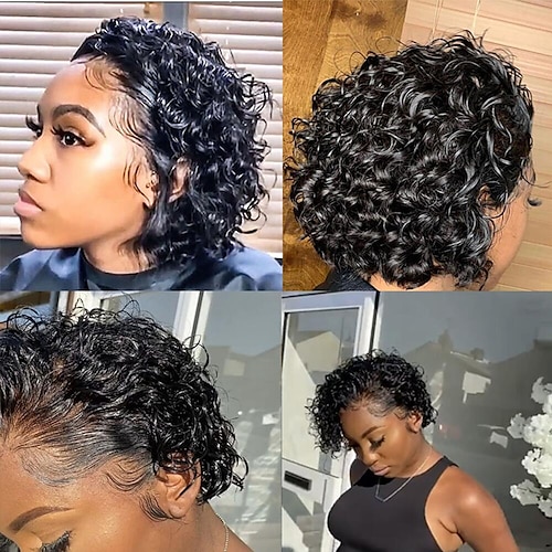 

Pixie Cut Wigs Human Hair Wigs Bob Curly 13x1 Lace Frontal short Wig Pre Plucked Cheap Lace Front Wig For Women Water Deep Wave