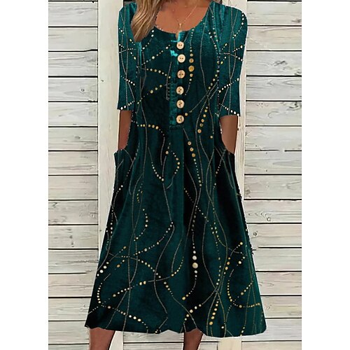 

Per donna Abito casual Vestito longuette Verde scuro Mezza manica Stampa Increspato Estate Primavera Girocollo Informale 2023 S M L XL 2XL 3XL