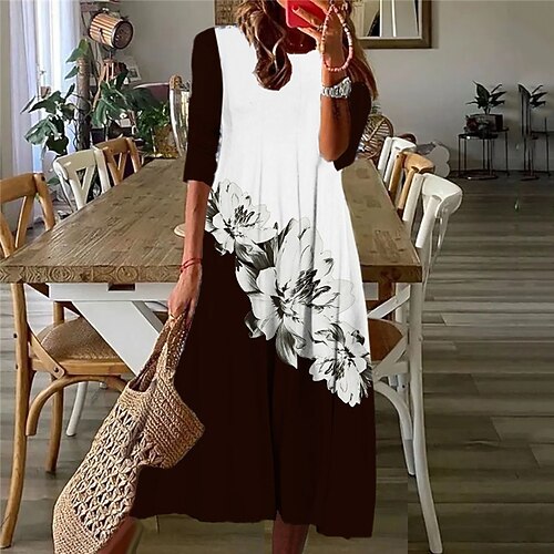 

Women's Casual Dress Shift Dress Midi Dress Black 3/4 Length Sleeve Floral Ruched Print Fall Spring Round Neck Casual Vacation 2022 S M L XL XXL 3XL