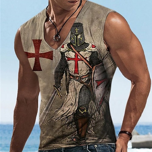 

Men's Unisex Undershirt Templar Cross Graphic Prints Human Crew Neck Brown Gray 3D Print Outdoor Street Sleeveless Print Clothing Apparel Sports Casual Big and Tall