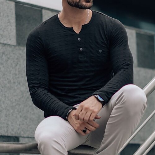 

Men's Henley Shirt Solid Color Henley Black Street Holiday Long Sleeve Button-Down Clothing Apparel Casual Comfortable