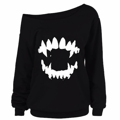 

Women's Sweatshirt Pullover One Shoulder Skeleton Mouth Cold Shoulder Front Pocket Print Halloween Weekend 3D Print Active Streetwear Clothing Apparel Hoodies Sweatshirts White Orange