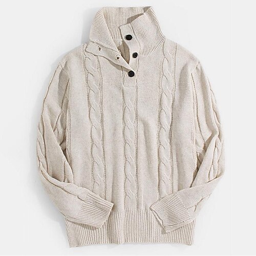 

Men's Pullover Sweater Jumper Ribbed Knit Knitted Button Pure Color Stand Collar Stylish Basic Daily Holiday Fall Winter Beige S M L / Long Sleeve / Long Sleeve / Weekend